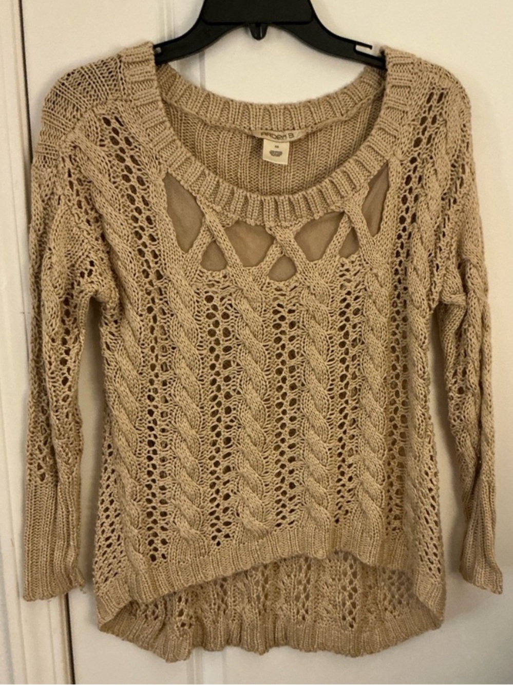 Arden B Boho Open Knit Cable Crochet Sweater Lattice Cutout Beige XS